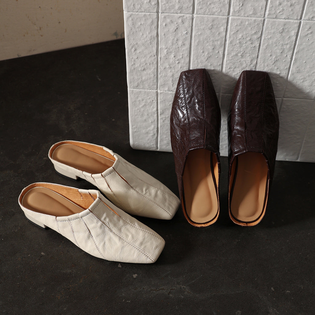 Sarah Express Washed Cowhide Square-Toe Low Block Mules