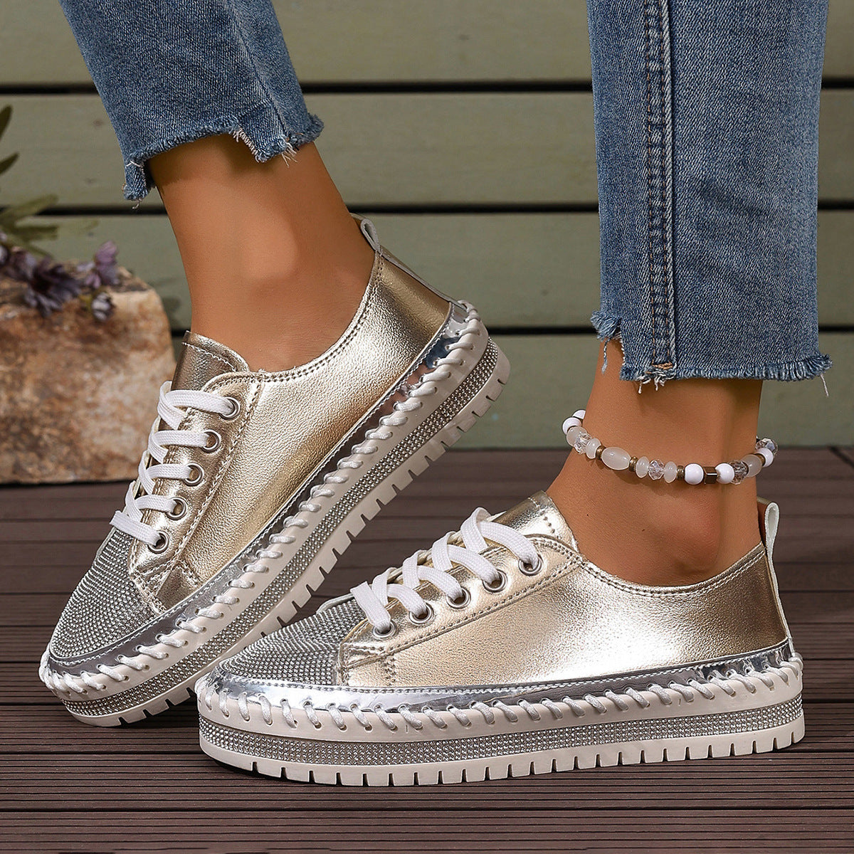 Sarah Express Women's Chunky Sole Sequin Lace-Up Sneakers Gold