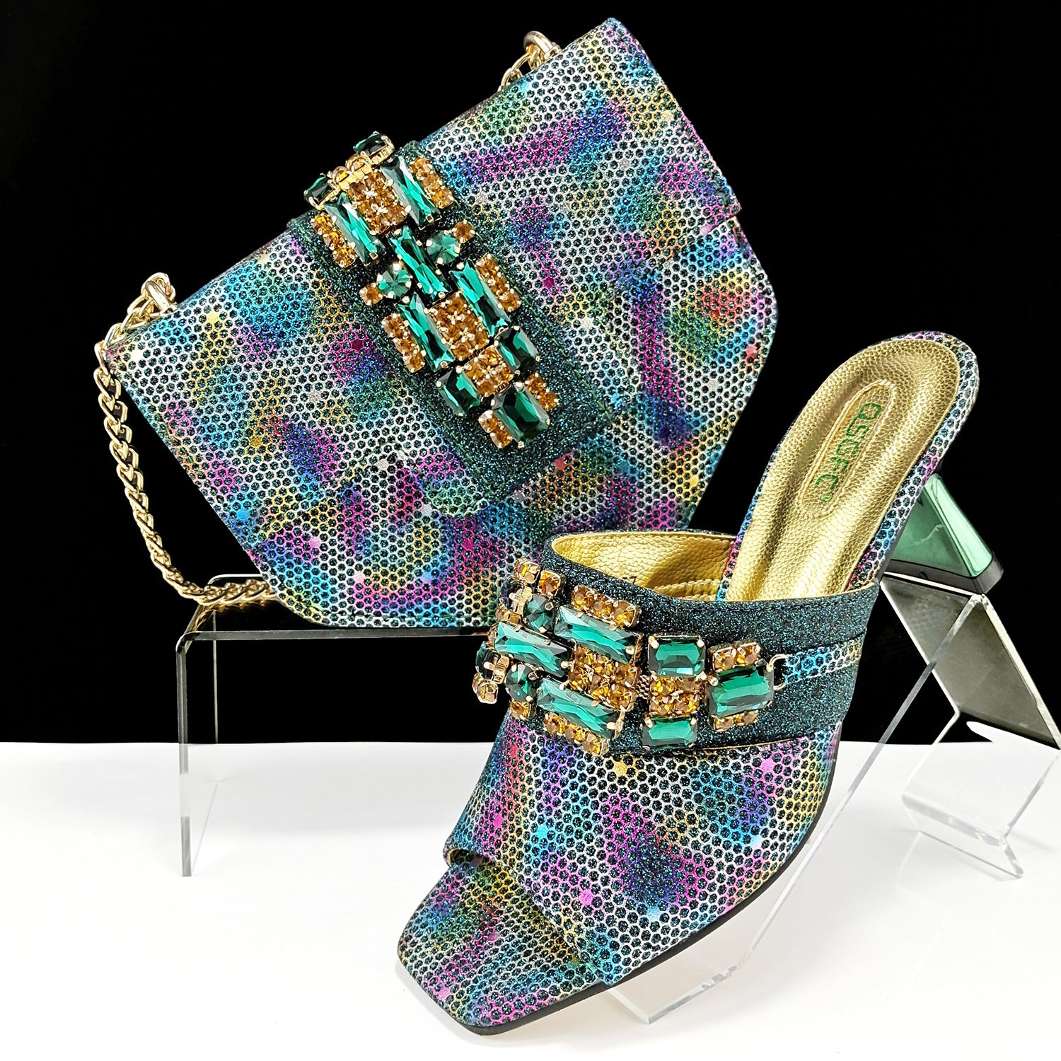 Sarah Express Camouflage Pattern Embellished Mule And Bag Set Green