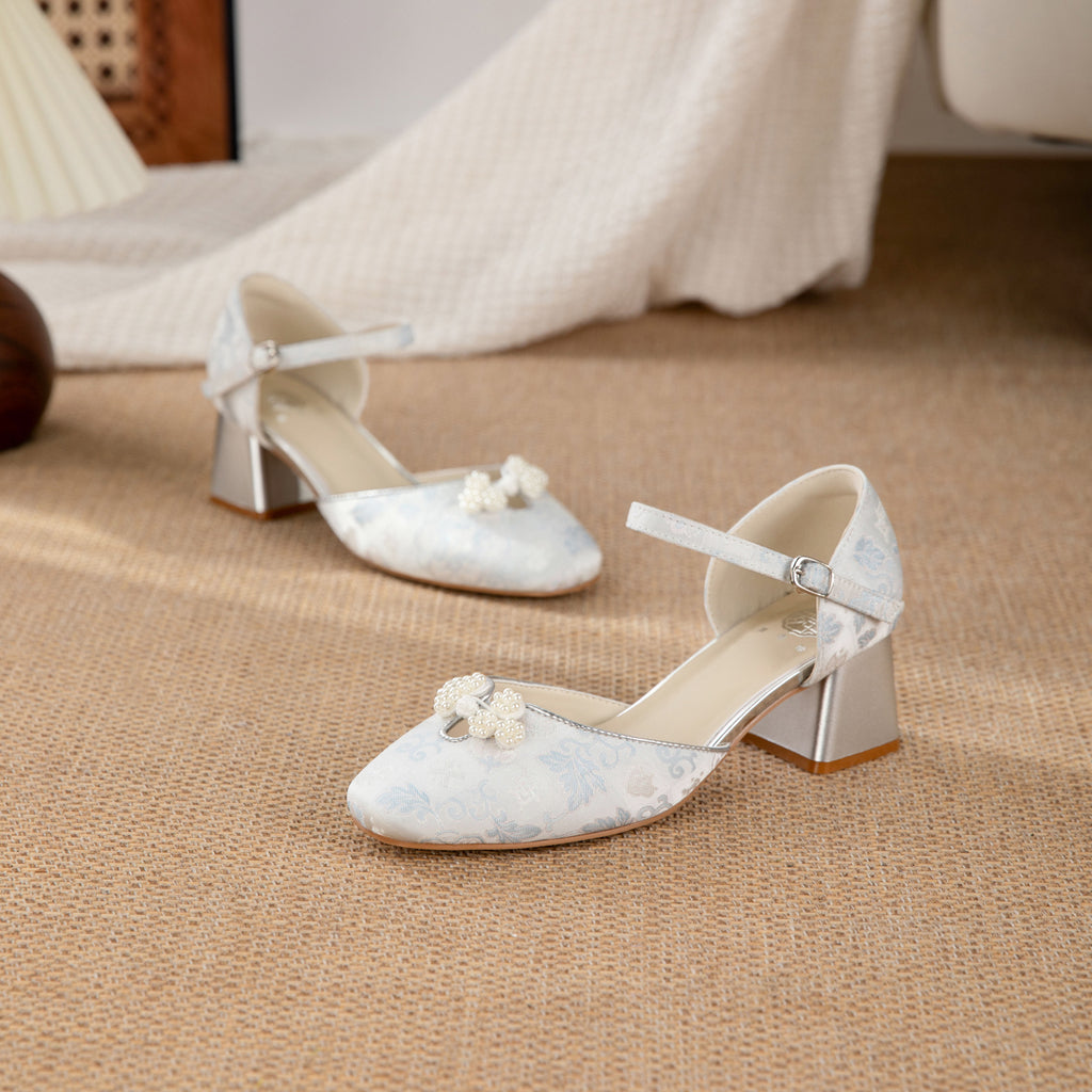 Sarah Express Jacquard Platform Heels with Pearl Bow