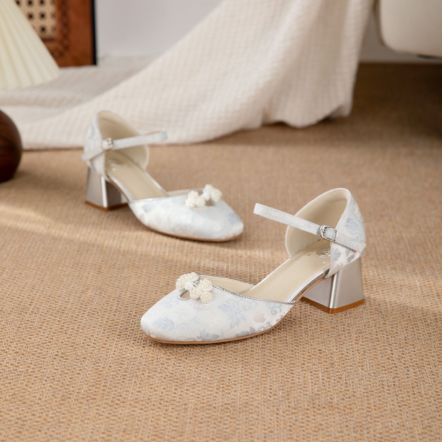 Sarah Express Jacquard Platform Heels with Pearl Bow