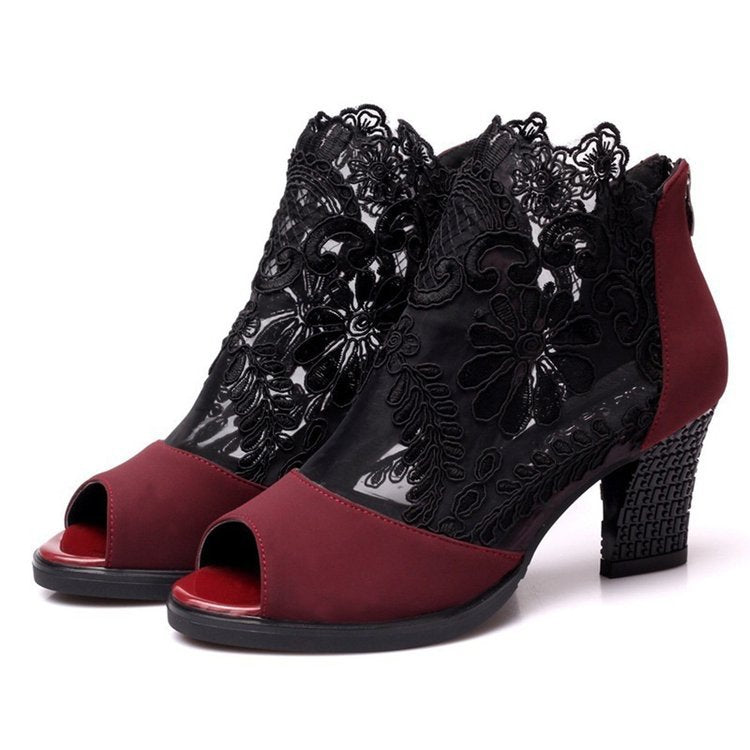 Sarah Express Lace Peep Toe Square Heel Sandals Wine Red