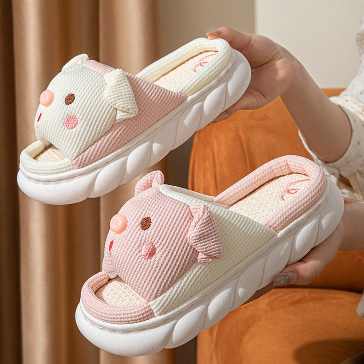Cute Piggy Slippers Open Toe Linen Home Slipper Couples Women Men Cartoon Pig House Shoes – product detail alternate view 7