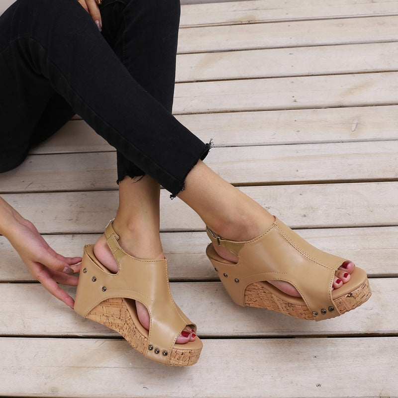 Sarah Express Women's Roman Style Wedge Sandals Beige white
