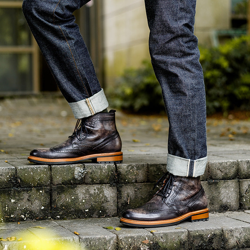 Sarah Express Men's Round Toe Leather Martin Boots