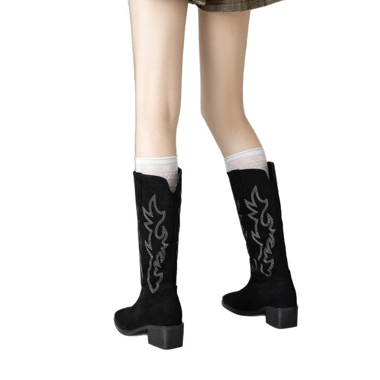 Sarah Express Retro Embroidered Western Square Toe Boots