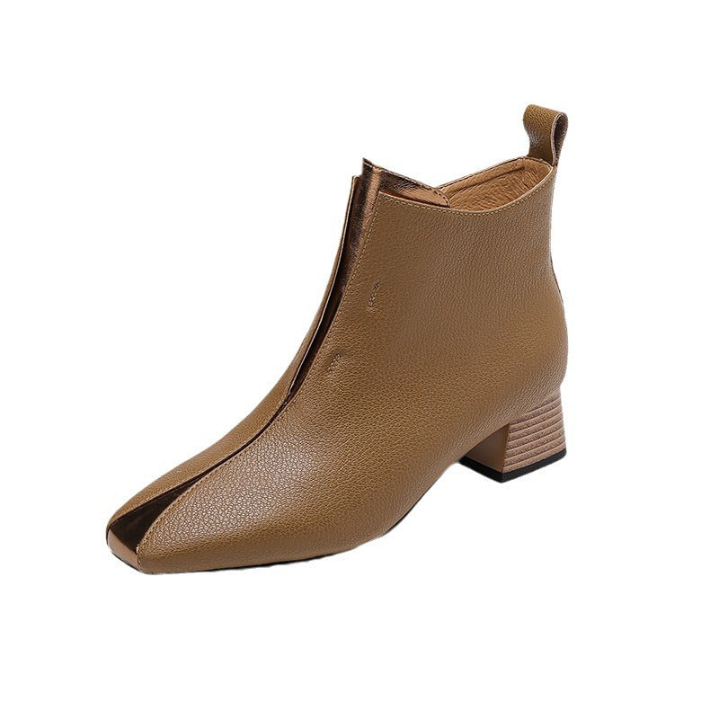 Sarah Express Retro Square-Toe Sheepskin Chunky Heel Boots