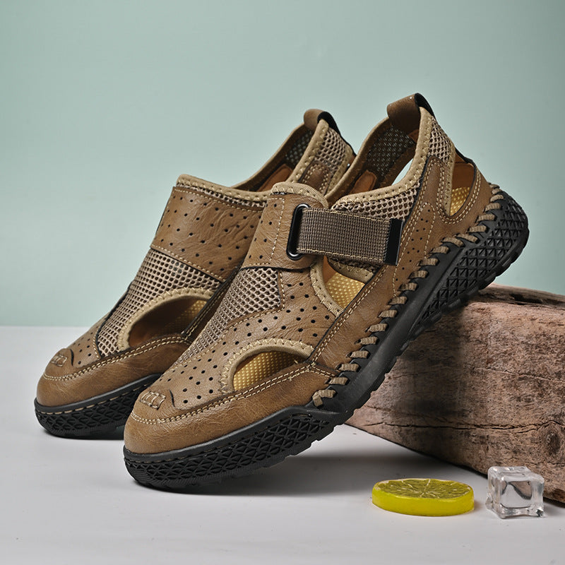 Sarah Express Men's Breathable Leather Mesh Closed-Toe Sandals