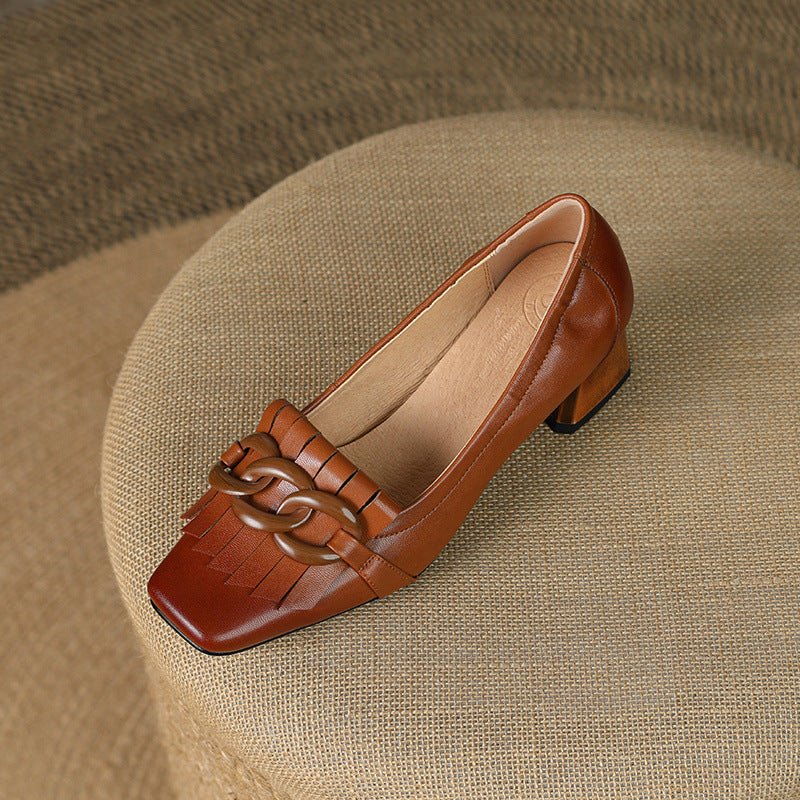 Sarah Express Fringed Peep-Toe Chunky Heel Dress Shoes Reddish Brown