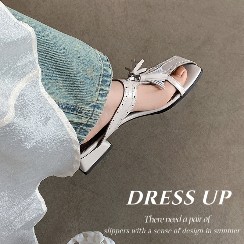 Sarah Express Women's Tassel Slide Sandals Block Heel Mules