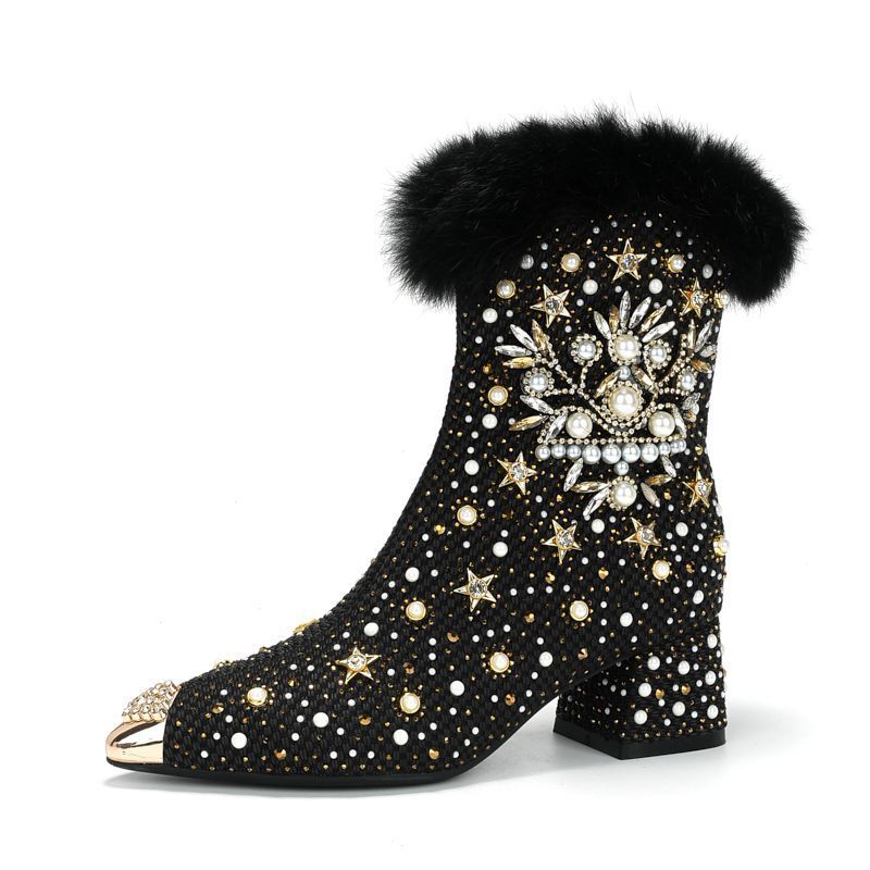 Sarah Express Fleece Lined Rhinestone Split Toe Ankle Boots Black