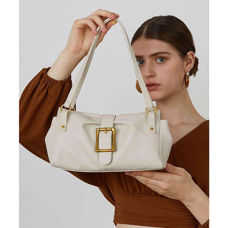 Sarah Express Retro Cowhide Leather Pleated Tote Bag