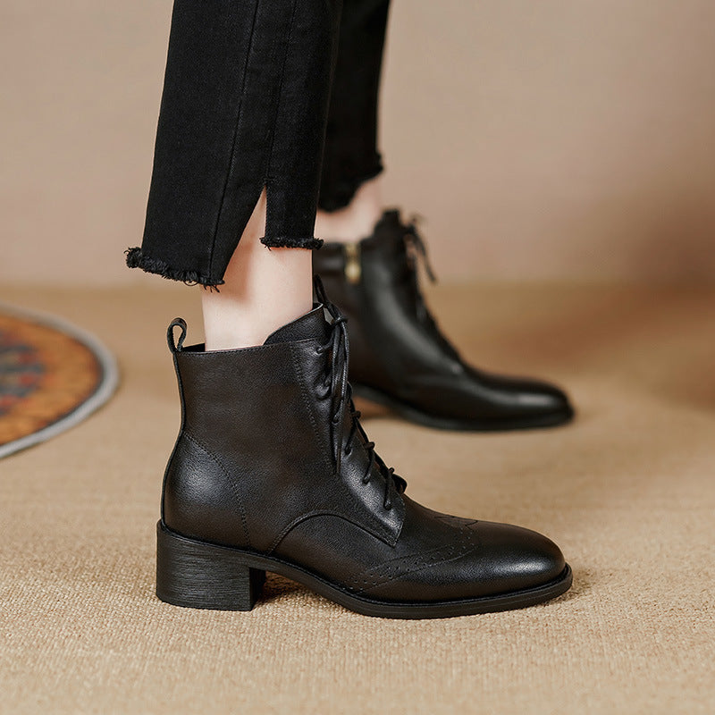 Sarah Express Retro Cowhide Leather Chunky Ankle Boots