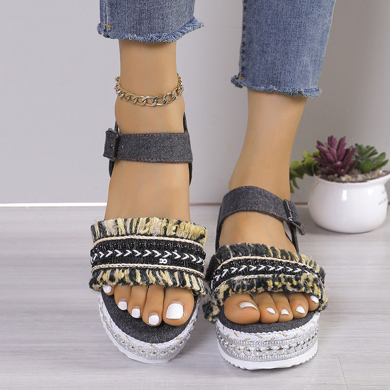 Sarah Express Women's Tassel Denim Flat Sandals
