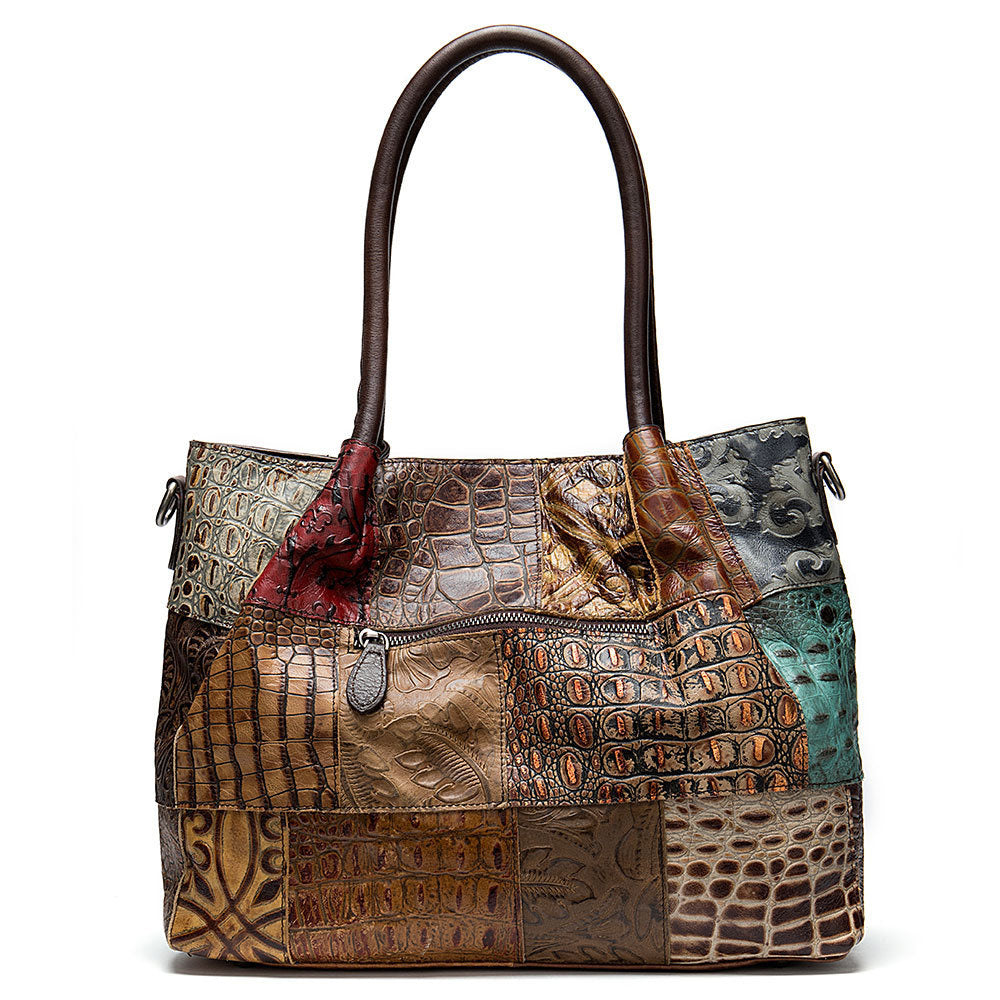 Sarah Express Patchwork Cowhide Leather Shoulder Handbag