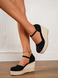 Sarah Express Vintage Straw Wedge Sandals Buckle Strap Black