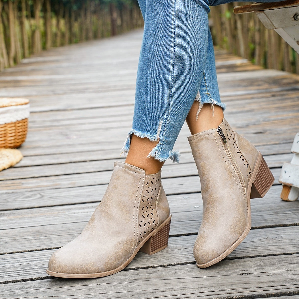 Sarah Express Chunky Heel Cutout Ankle Boots