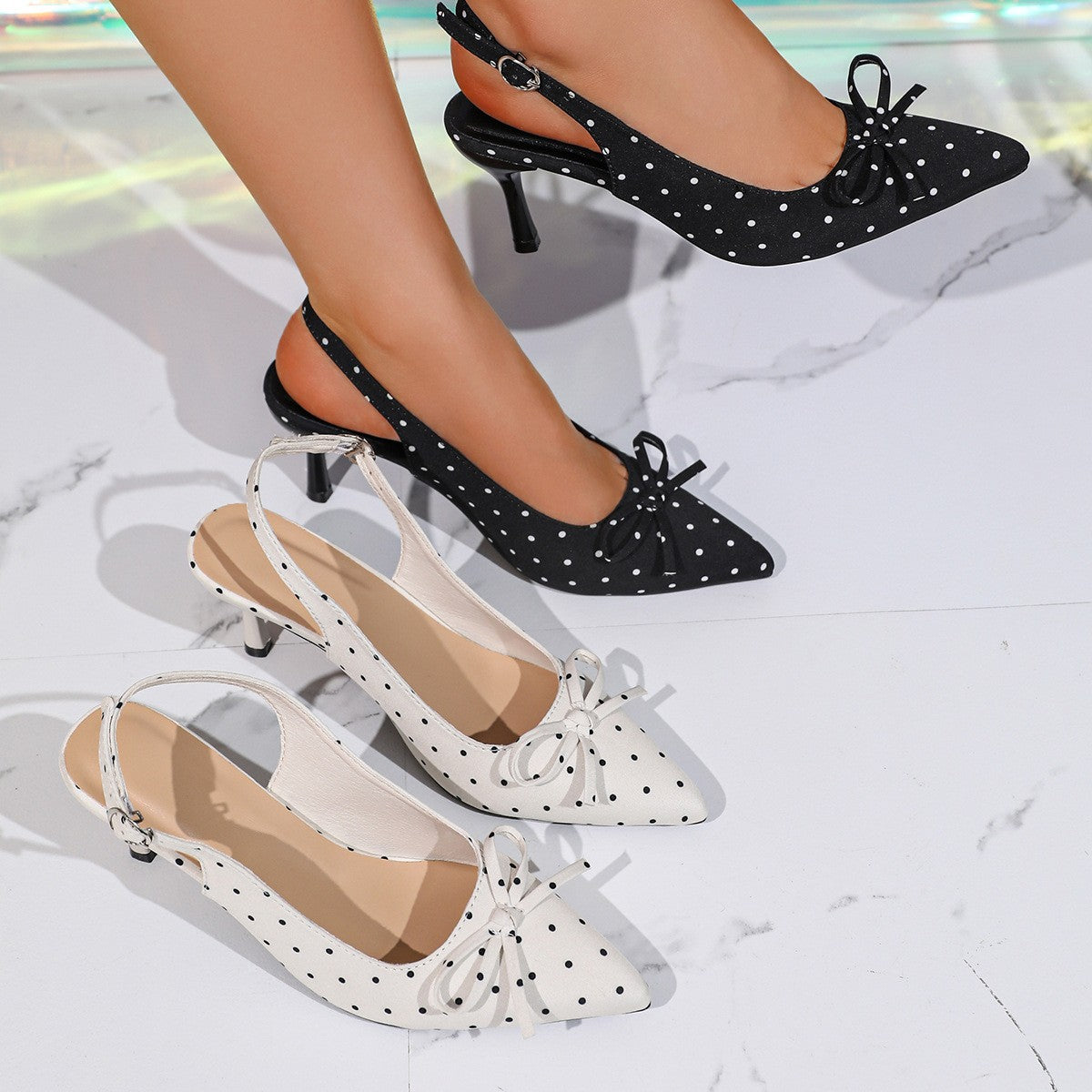Sarah Express Polka Dot Pointed Toe Stiletto Sandals