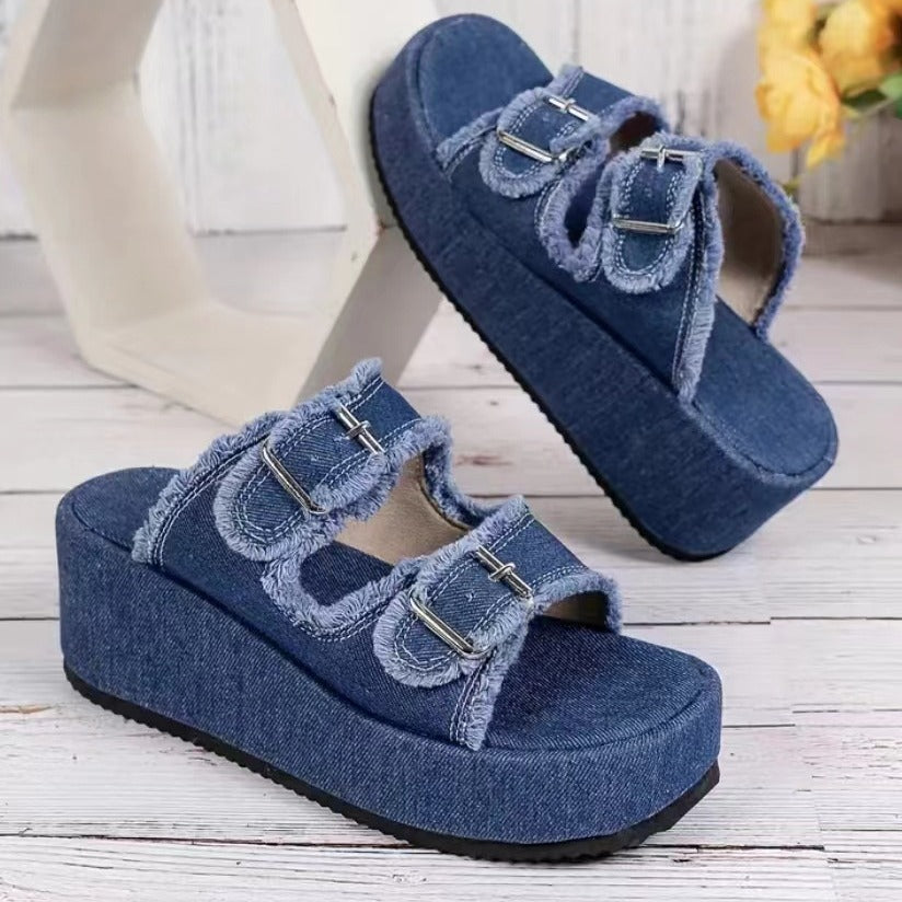 Sarah Express Denim Buckle Platform Wedge Sandals