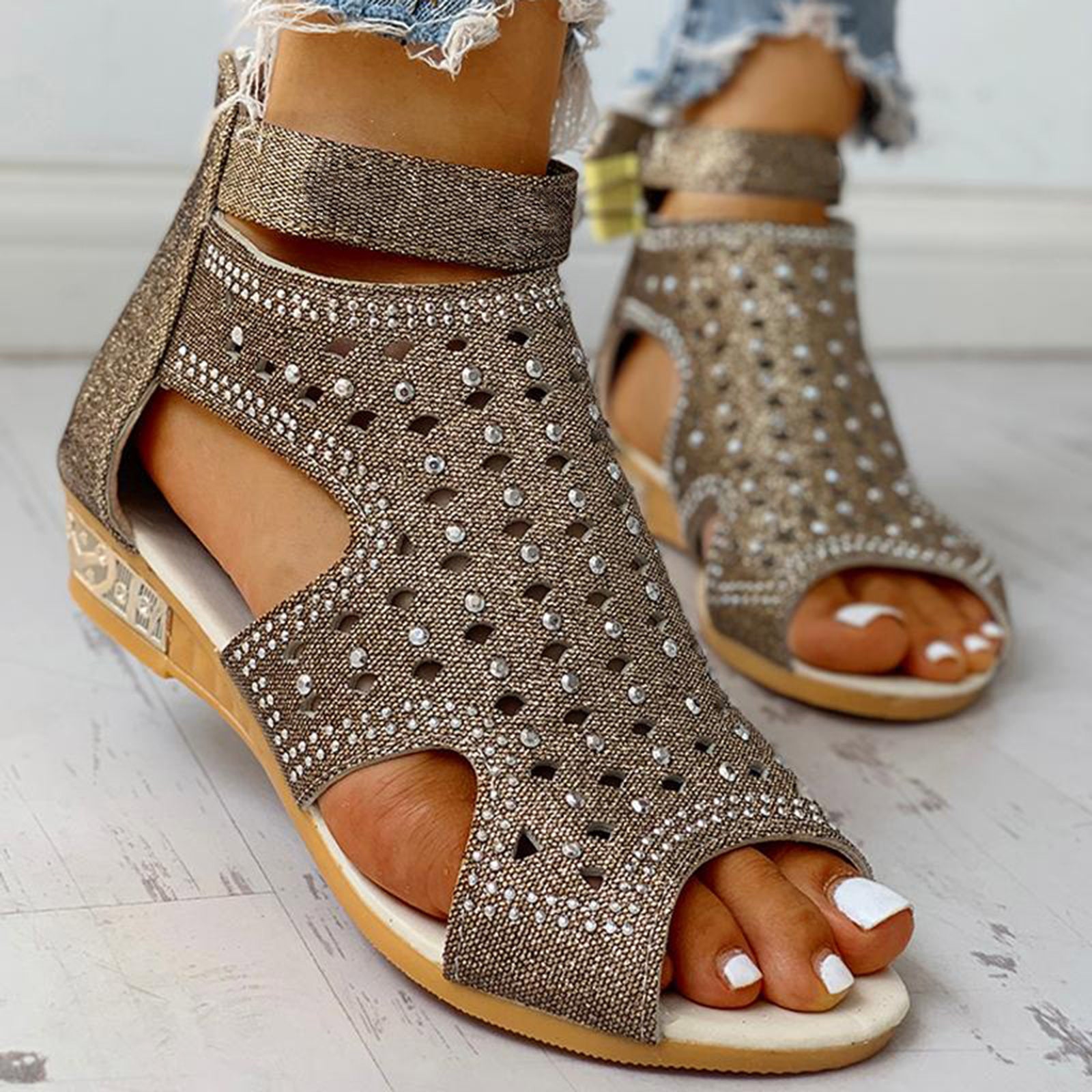 Sarah Express Rhinestone Cutout Roman Sandals With Back Zip