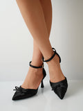 Champagne Satin Pointed Toe Mule Heels With Mini Bow & Adjustable Ankle Strap – product detail alternate view