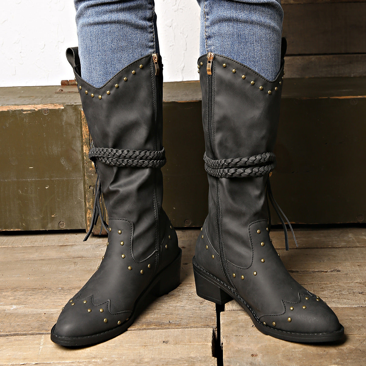 Sarah Express Retro Tassel Braided Strap Western Boots