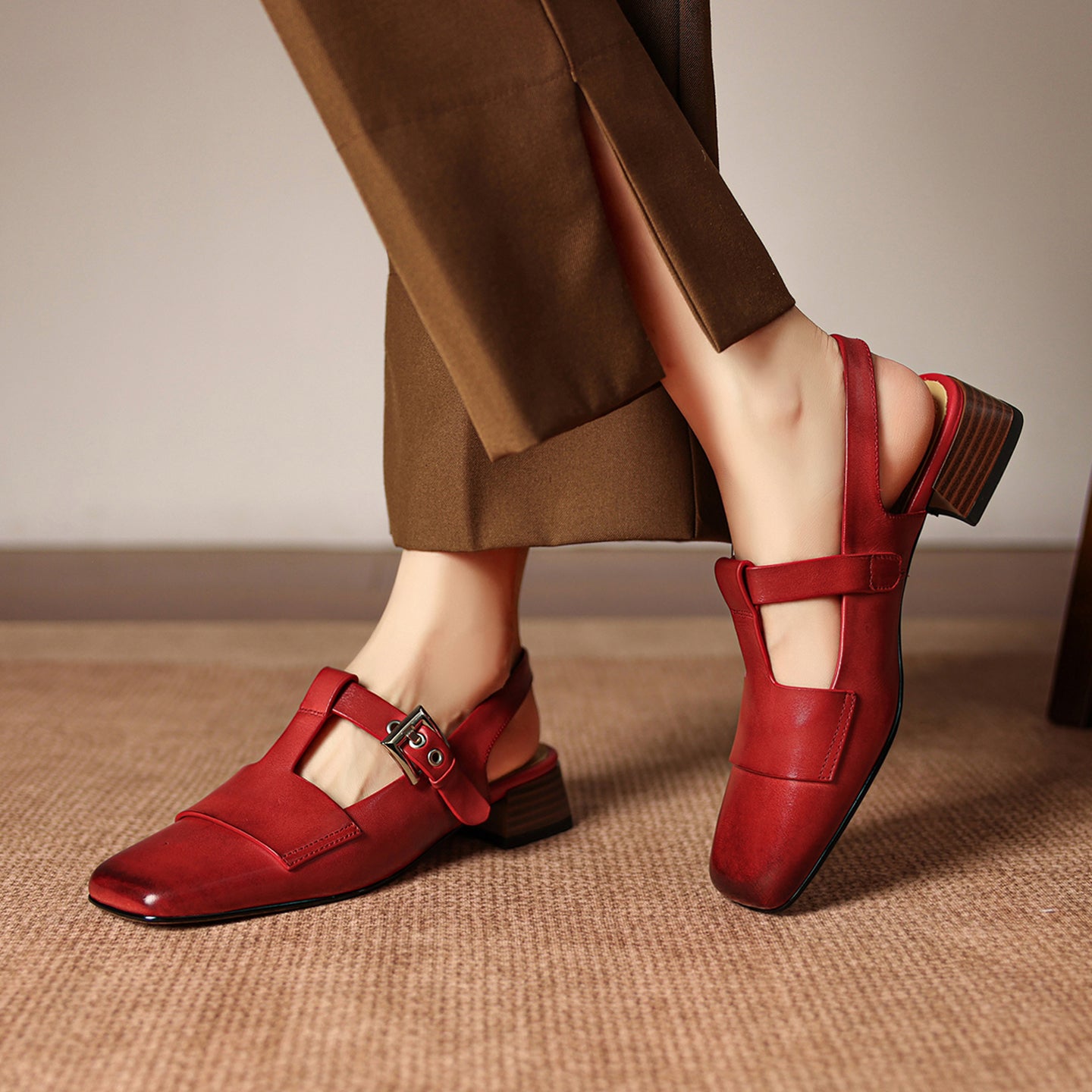 Sarah Express Handmade Leather T-Strap Block Heel Sandals