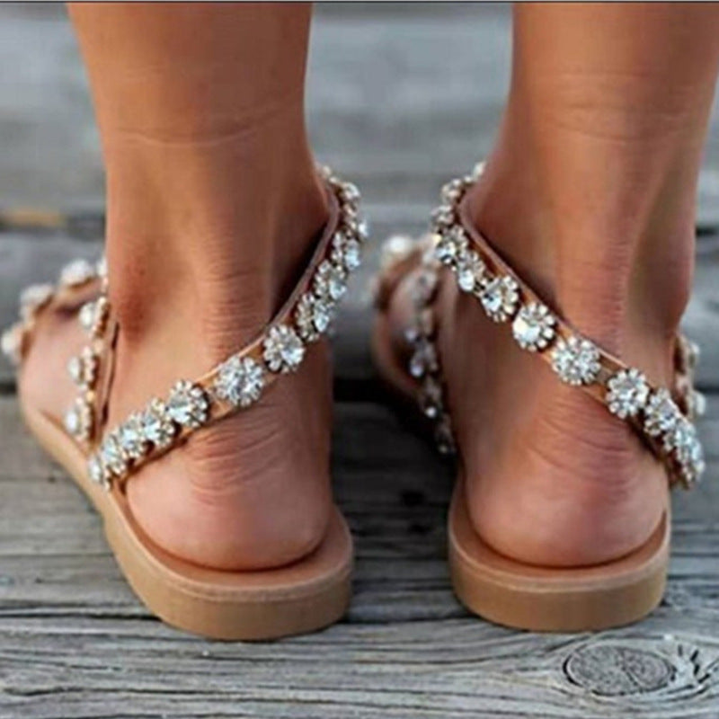 Sarah Express Rhinestone Lace Beading Flat Sandals