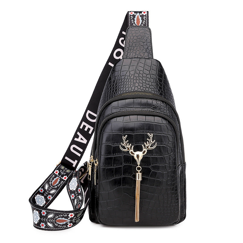 Sarah Express Deer Tassel Patterned Crossbody Chest Bag Black Stone Pattern