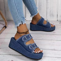 Sarah Express Denim Buckle Platform Wedge Sandals Blue