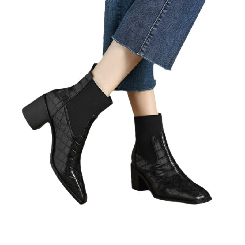 Sarah Express Square Toe Cowhide Leather Chunky Pumps Black Single