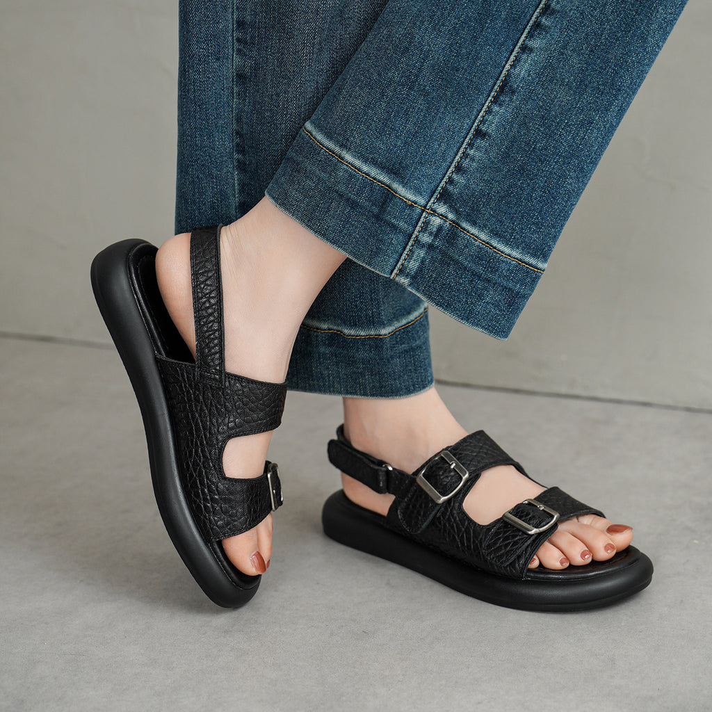 Sarah Express Handmade Sheepskin Double Buckle Platform Sandals
