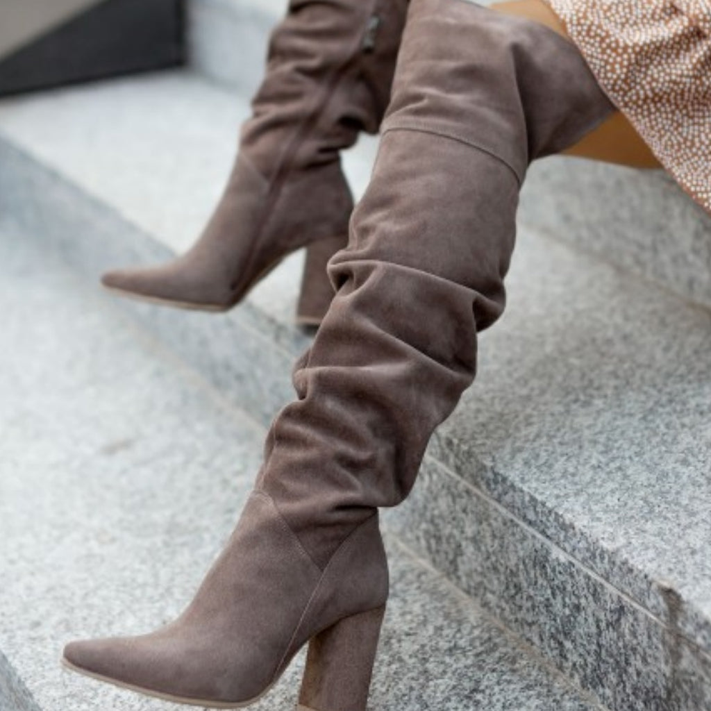 Sarah Express Suede Pointed Toe High Heel Boots