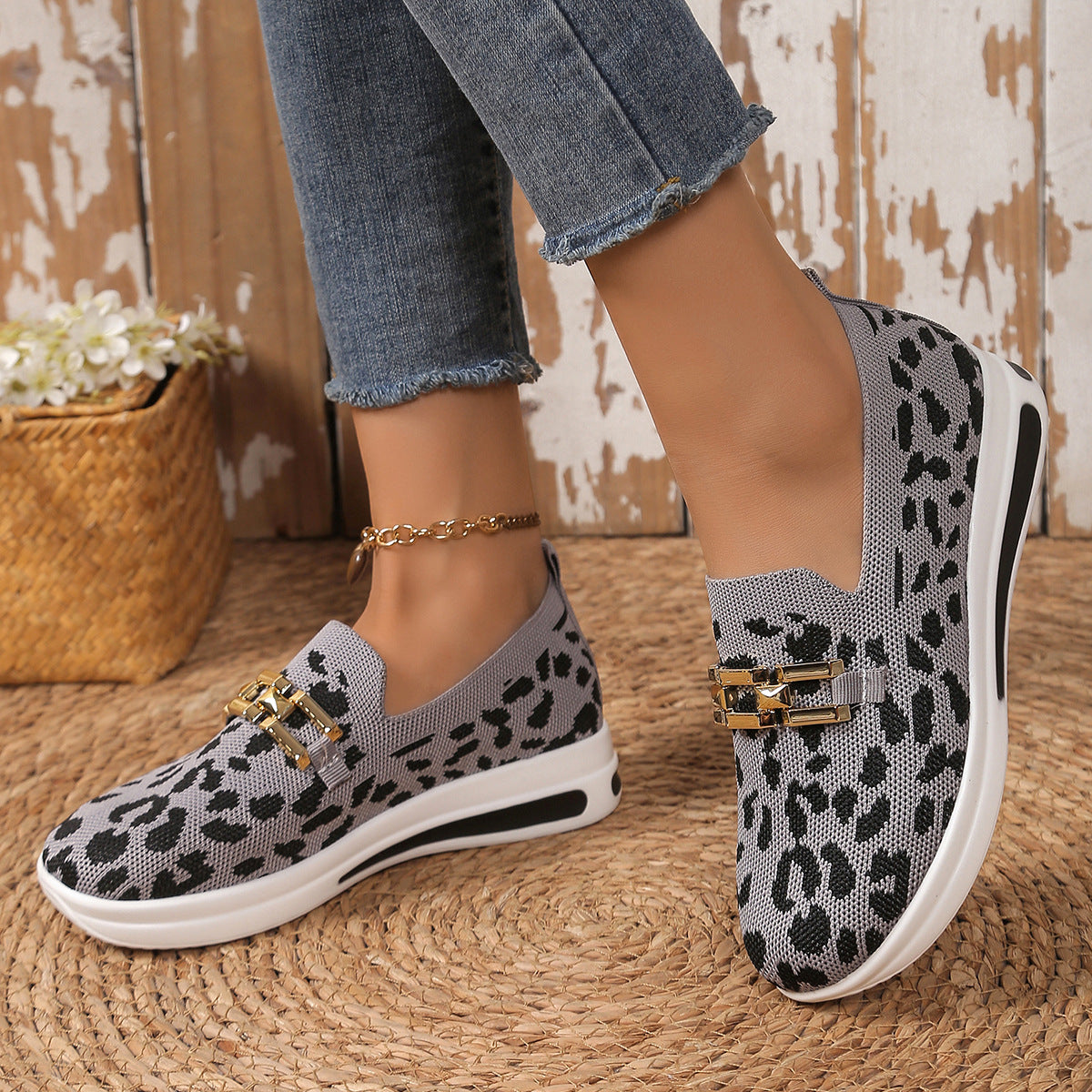 Sarah Express Leopard Print Chain Detail Slip-On Flats