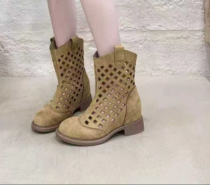 Sarah Express Hollowed-Out Mesh Mid-Calf Chunky Boots