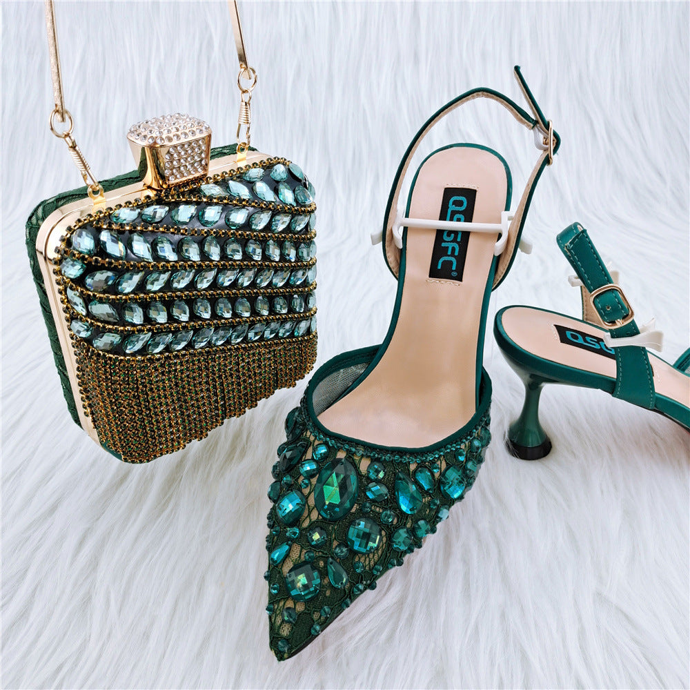 Sarah Express Embellished Party Sandals and Matching Bag Dark green