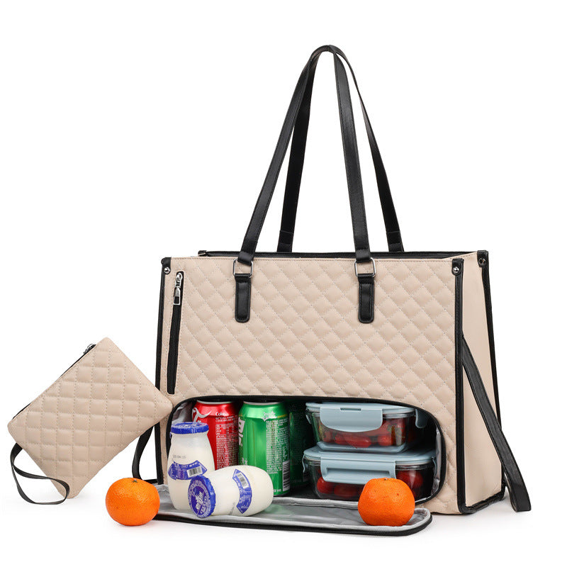 Sarah Express 2-in-1 Expandable Tote and Lunch Bag Apricot White With Black