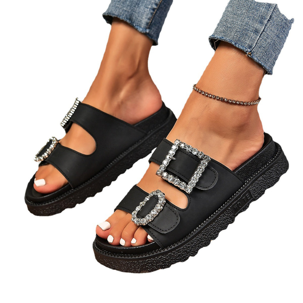 Sarah Express Rhinestone Buckle Platform Slide Sandals