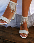 Sarah Express Rhinestone Chain Strap Chunky Heel Sandals White