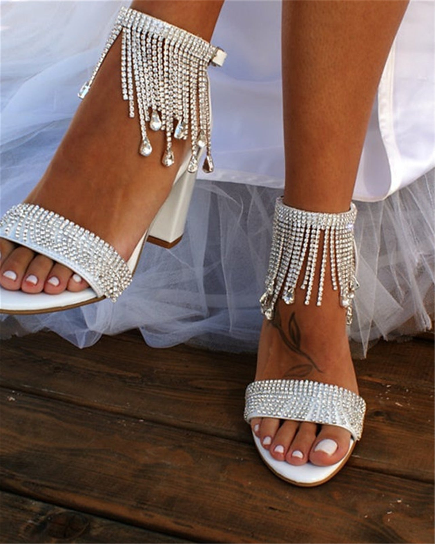 Sarah Express Rhinestone Chain Strap Chunky Heel Sandals White