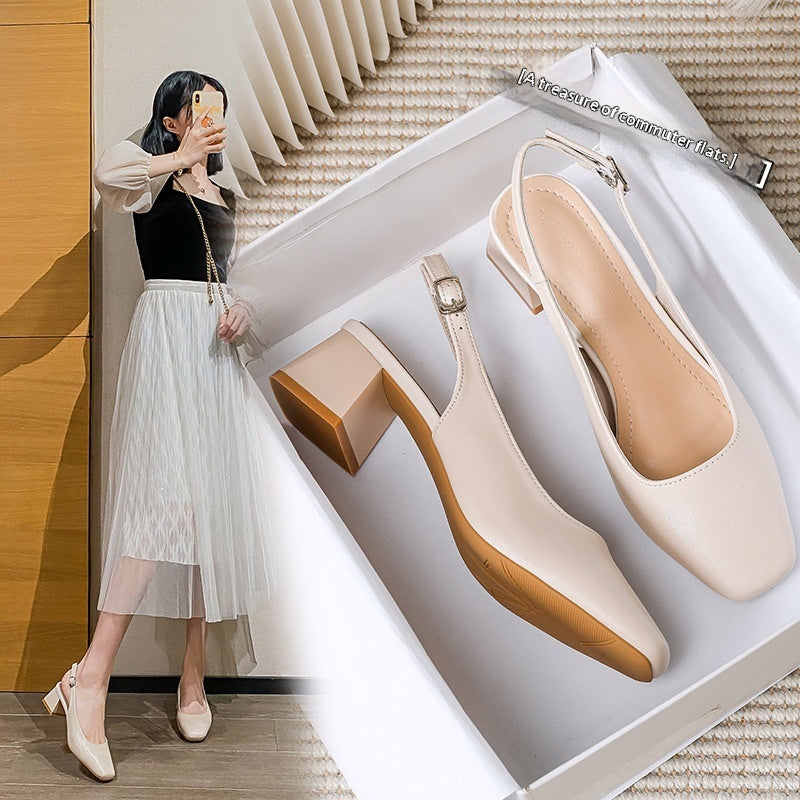 Sarah Express Square Toe Chunky Heel Buckle Sandals Apricot