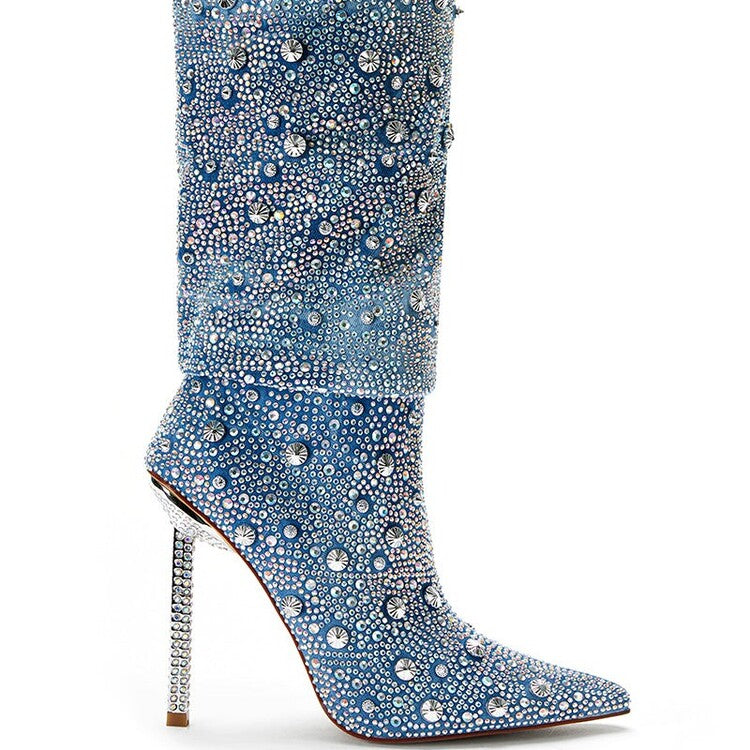 Sarah Express Denim Blue Rhinestone Pointed Toe Boots
