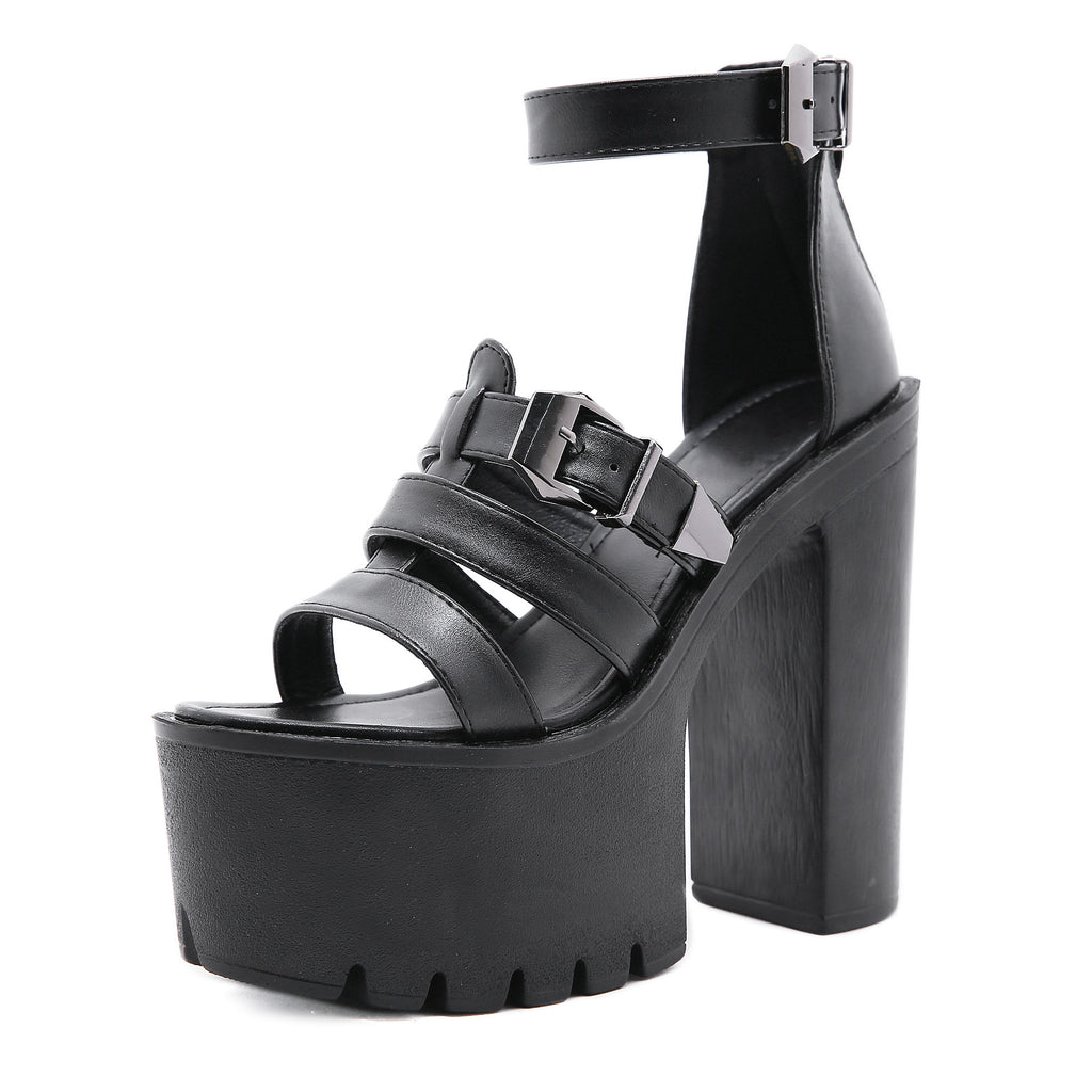 Sarah Express Patent Chunky Heel Buckle Sandals Black