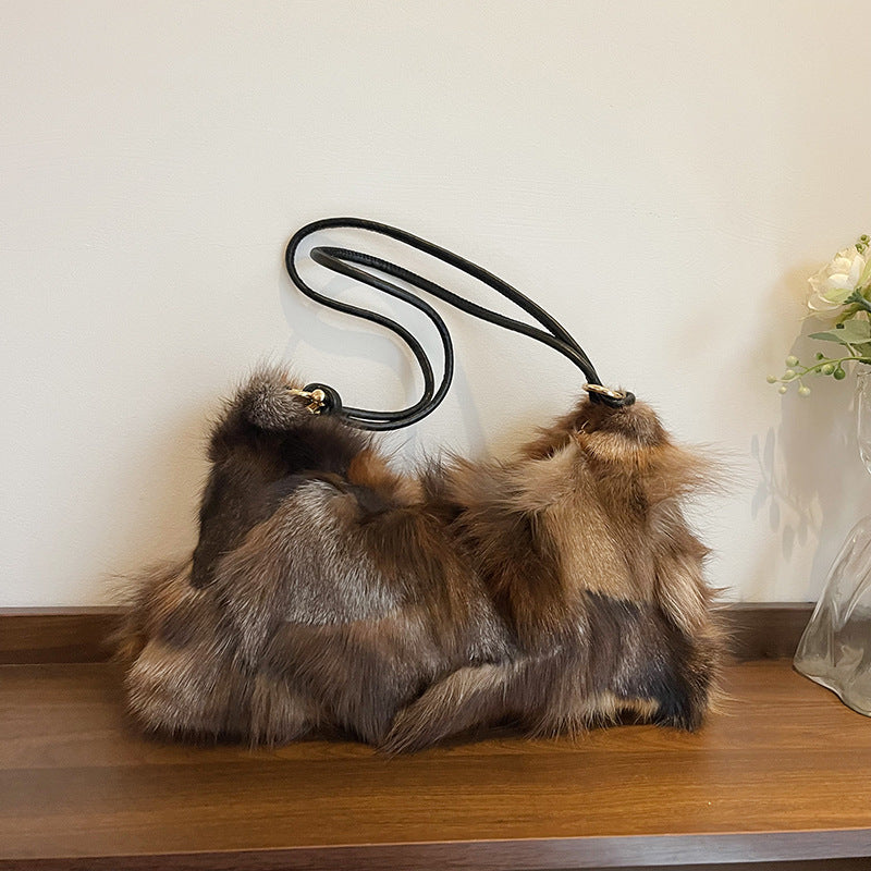 Sarah Express Plush Fox Fur Underarm Shoulder Bag Brown