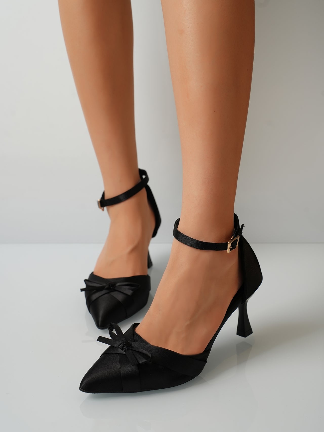 Champagne Satin Pointed Toe Mule Heels With Mini Bow & Adjustable Ankle Strap – product detail alternate view 3