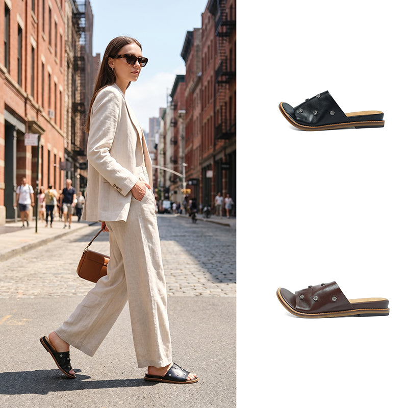 Sarah Express Studded Leather Slide Sandals Flat Mules