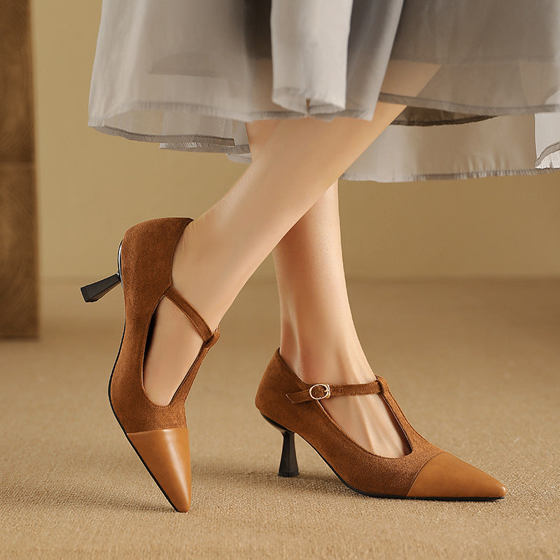 Sarah Express Elegant T-Strap Pointed Toe Stacked Heel Pumps