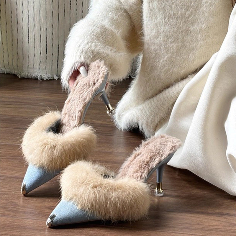 Sarah Express Furry Pointed Toe High Heel Mules