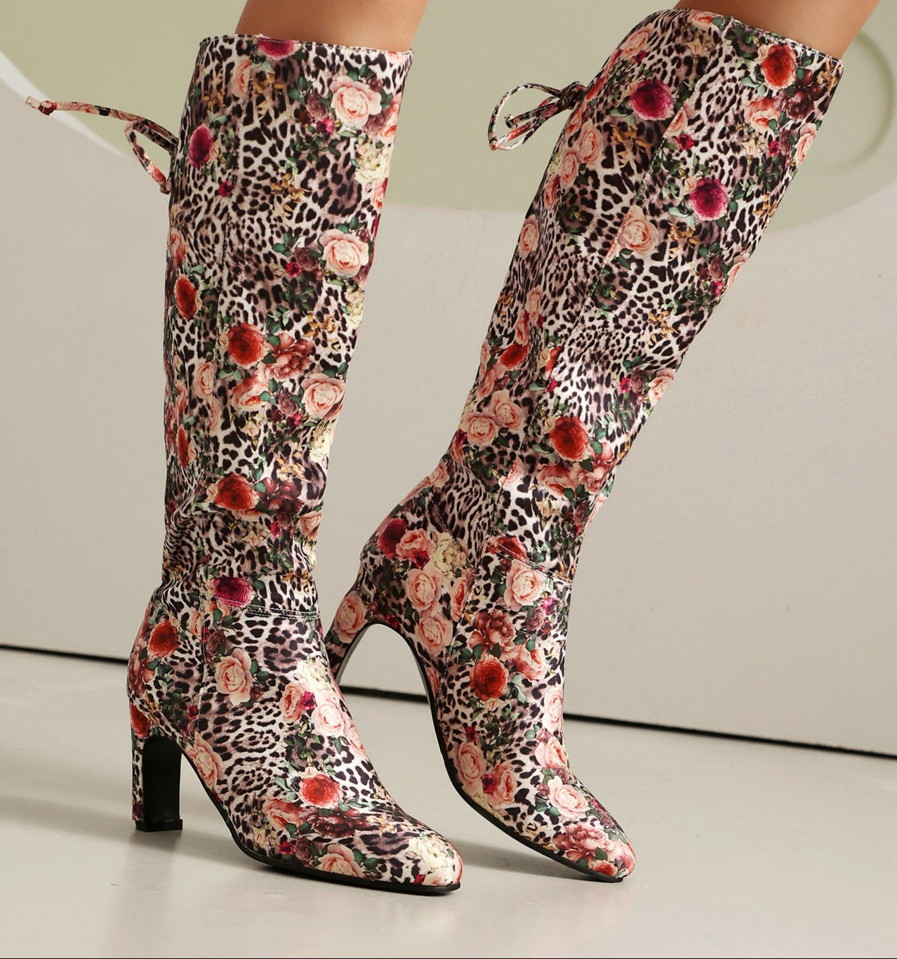Sarah Express Floral Patchwork Bowknot Over-the-Knee Boots