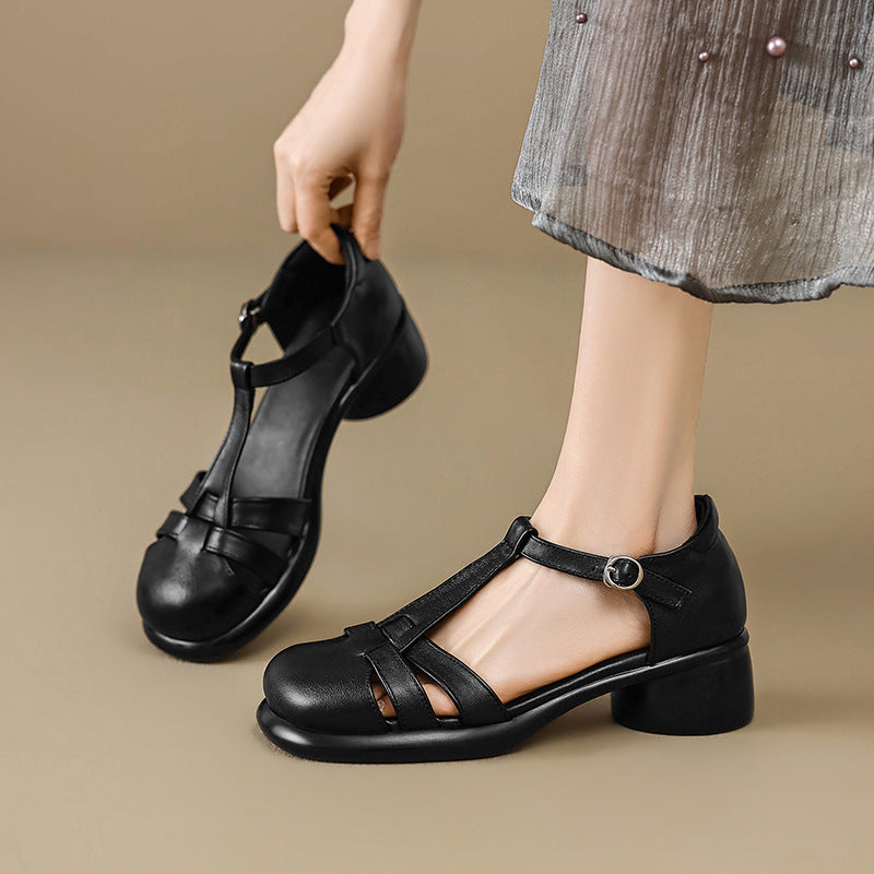 Sarah Express Women's Leather T-Strap Mid-Heel Dress Shoes